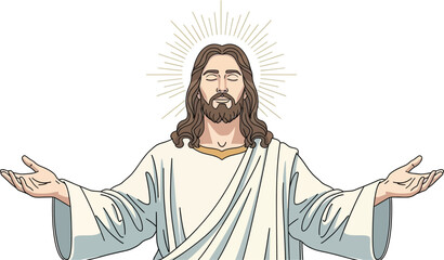 Jesus Christ with open arms and a halo of light around him