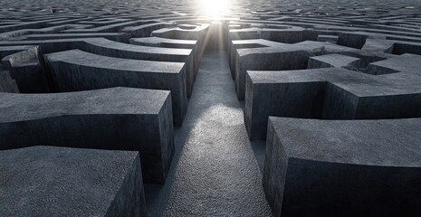 Overhead perspective of a maze with a bright, glowing sun illuminating a clear path