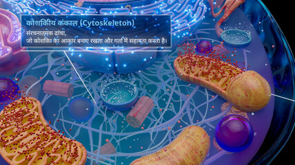 3D illustration of the cytoskeleton with microtubules and filaments in hindi
