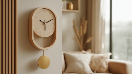 Minimal Wooden Pendulum Wall Clock in Livingroom