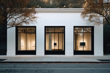 A stark white building with three large windows, showcasing interior art in an autumnal street scene