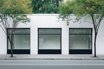 Exterior shot of a building facade with three large windows, framed by trees and a street
