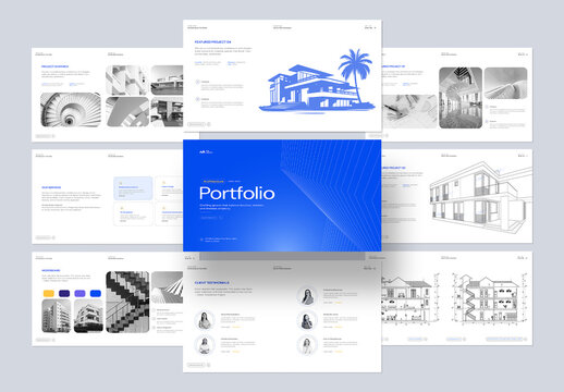 Modern Architecture Portfolio Presentation with Blue Abstract Line Design