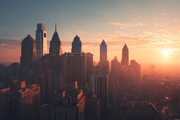 Fototapeta premium Towering urban structures reflect golden sunrise hues over a dense city skyline