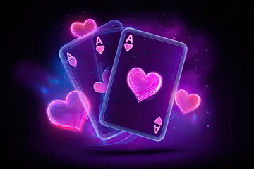 Glowing neon heart-suited playing cards with hearts floating in a dark, nebulous, and magical space