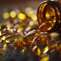 extreme macro realistic shot of vitamin capsules spilled from a bottle, high-detail product photo
