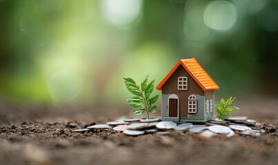 A miniature house sits atop coins with emerging plants, symbolizing growth against blurred greenery