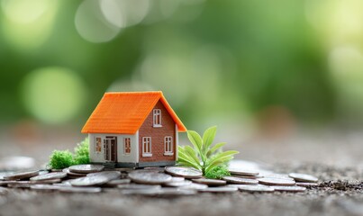 Miniature home on a bed of coins, greenery and blurred background suggest financial growth