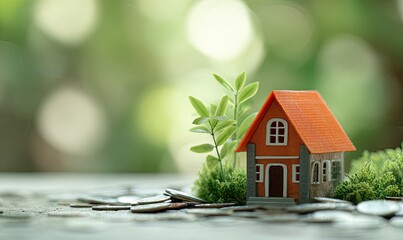 Miniature home and greenery sitting atop a pile of coins, representing savings and property