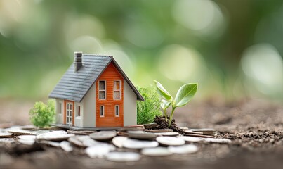 Miniature house with a green background, surrounded by coins and growing greenery