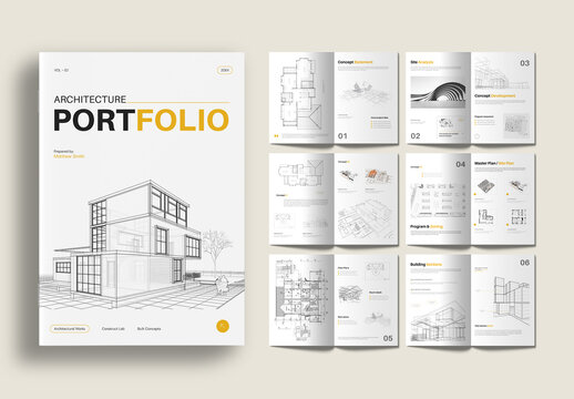 Modern And Professional Architecture Portfolio Book Layout with Blueprint Floor Plans