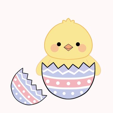 Cute yellow chick hatching from decorated Easter egg with pastel patterns, spring holiday cartoon illustration, isolated on white background
