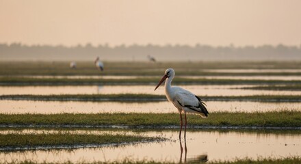 Fototapeta premium White stork wading in shallows at dawn
