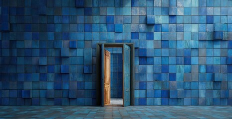 A wooden door glows within a textured blue tiled wall, inviting viewers into a bright space