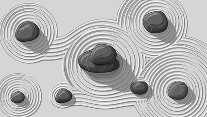 Modern abstract design with swirling patterns and smooth stones