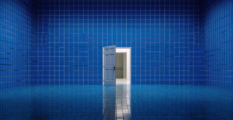Interior shot of a room, with blue tiled walls & floor. A partially open door leads to another room
