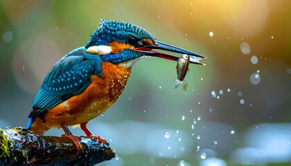 Vivid shot of a small bird holding a fish, perched on a branch
