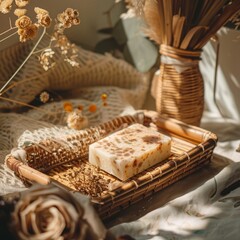 boho realistic product photo of a handmade soap bar in a wicker tray, dried flowers, cozy aesthetic