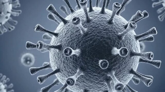 Microscopic View Of A Virus Particle With Spike Proteins In A Blueish Grey Backdrop.