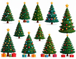 A diverse collection of Christmas trees, each uniquely decorated with ornaments