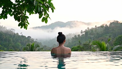 Woman in infinity pool overlooking mountains