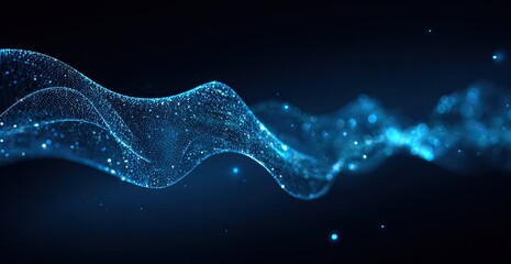 Abstract flowing blue waveform with glittering particles on a dark background