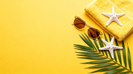 Summer vacation essentials on yellow background