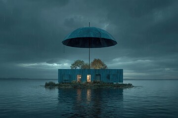 A small blue dwelling floats on water, shielded by a giant umbrella under a stormy, cloudy sky