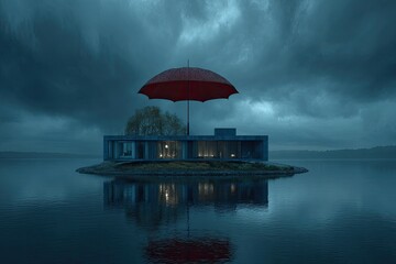 Modern home on an island, protected from a storm by a large red umbrella. Moody weather
