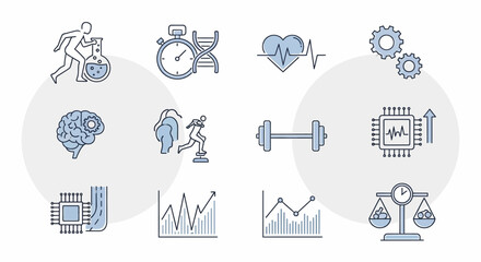 Set of icons representing various aspects of health, technology, and data analysis.