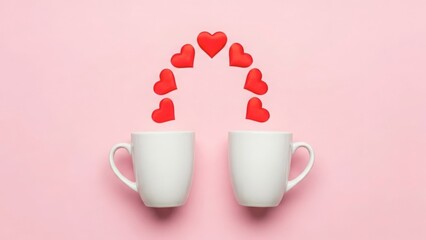 A hot white mug of espresso coffee and a cup of tea served for a romantic morning breakfast with red heart shapes and a pink rose flower isolated on a cafe saucer