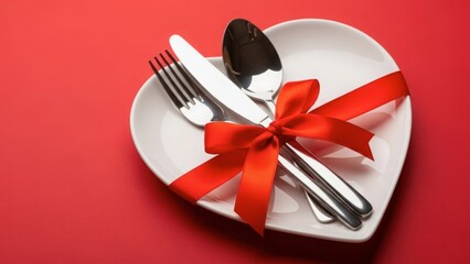 Heart-shaped plate with utensils and ribbon, isolated on white background