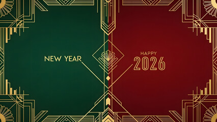 Elegant Art Deco style New Year 2026 celebration background with luxurious gold accents on a vibrant green and red split screen.