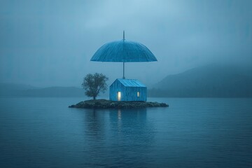 A small house sits on an island, shielded by a giant umbrella, with a tree