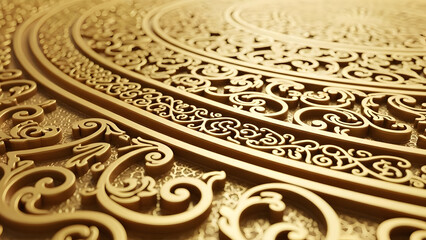 Intricate Golden Circular Pattern With Floral Motifs And Swirls In Macro View