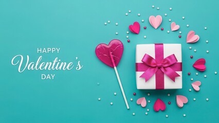 Happy valentine's day gift box with heart lollipop isolated on white background