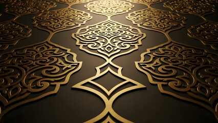 Intricate Gold Arabesque Pattern on Dark Textured Background with Dramatic Lighting