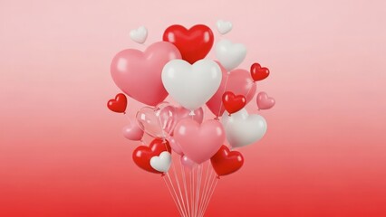 Happy pink heart shaped balloons with ribbons float against a red background as a romantic vector illustration for a Valentine Day celebration or wedding gift decoration