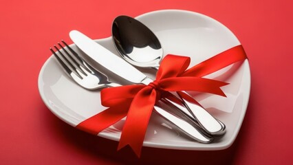 Heart-shaped plate with utensils isolated on white background