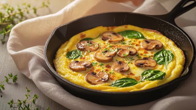 Cooking a simple mushroom and spinach omelette in a skillet with fresh ingredients and careful preparation steps Generative AI