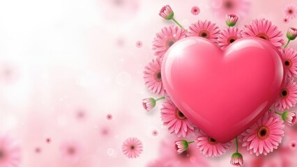 Pink heart surrounded by flowers isolated on white background