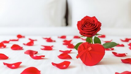 Red rose and heart with petals isolated on white background