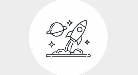 Rocket Launching into Space with Planet and Stars Line Icon.