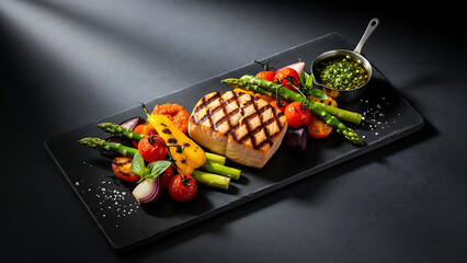 Grilled fish steak with asparagus, cherry tomatoes, bell peppers, and green sauce on a black plate, presented elegantly.