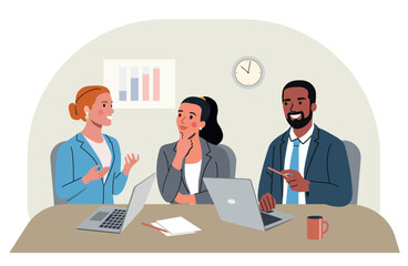 Business Team Meeting and Discussion with Laptops, Corporate Collaboration and Planning Concept. Vector cartoon flat style illustration