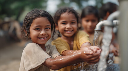Humanitarian mission teams teaching basic hygiene and sanitation practices at a water station, children learning handwashing steps with smiles and sudsy bubbles — community health education, clean