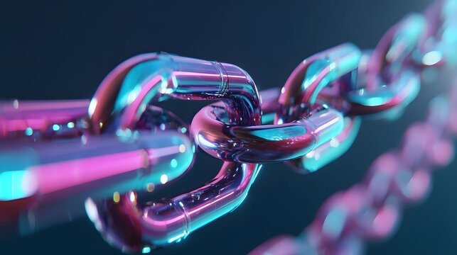 Close-up of a futuristic chain link with vibrant neon colors and a blurred background.