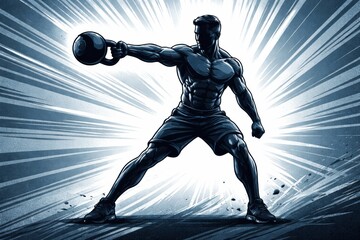 Man lifts kettlebell with focused expression against a bright background. The setting shows effort and dedication during fitness routine.