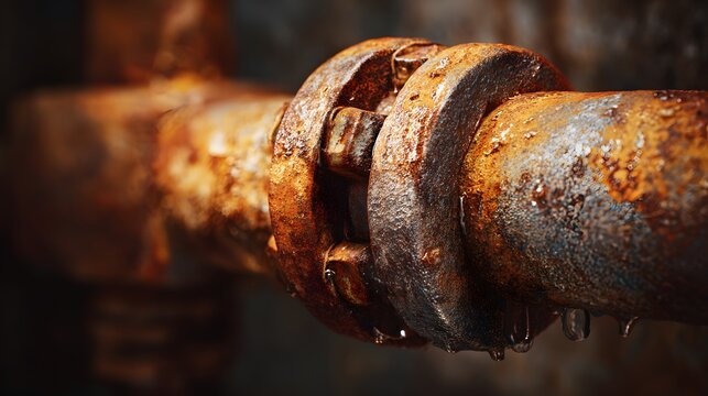 Close-up of a heavily rusted metal pipe joint, showing corrosion and decay.