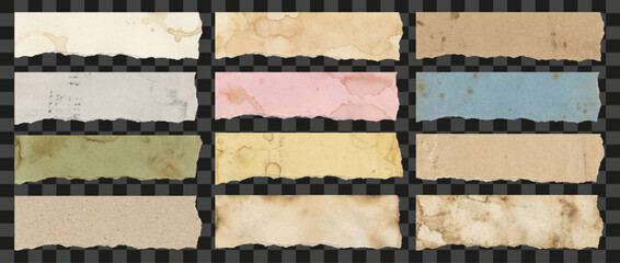 Set of vintage ripped paper strips with coffee stains and grunge texture, aged dirty paper edges, ragged horizontal banner backgrounds, scrapbook design elements